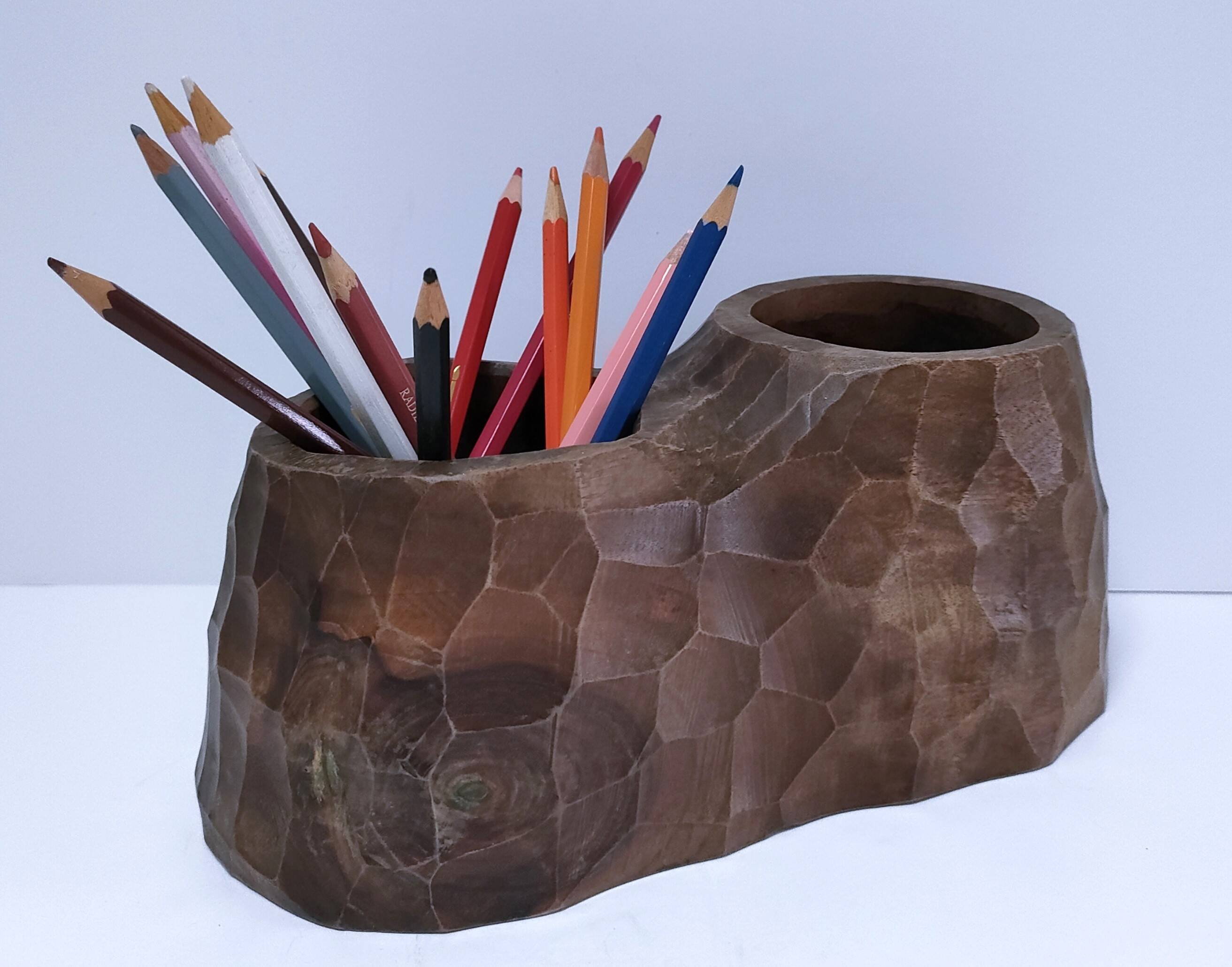 Carved solid wood pencil holder signed vintage