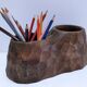 Carved solid wood pencil holder signed vintage