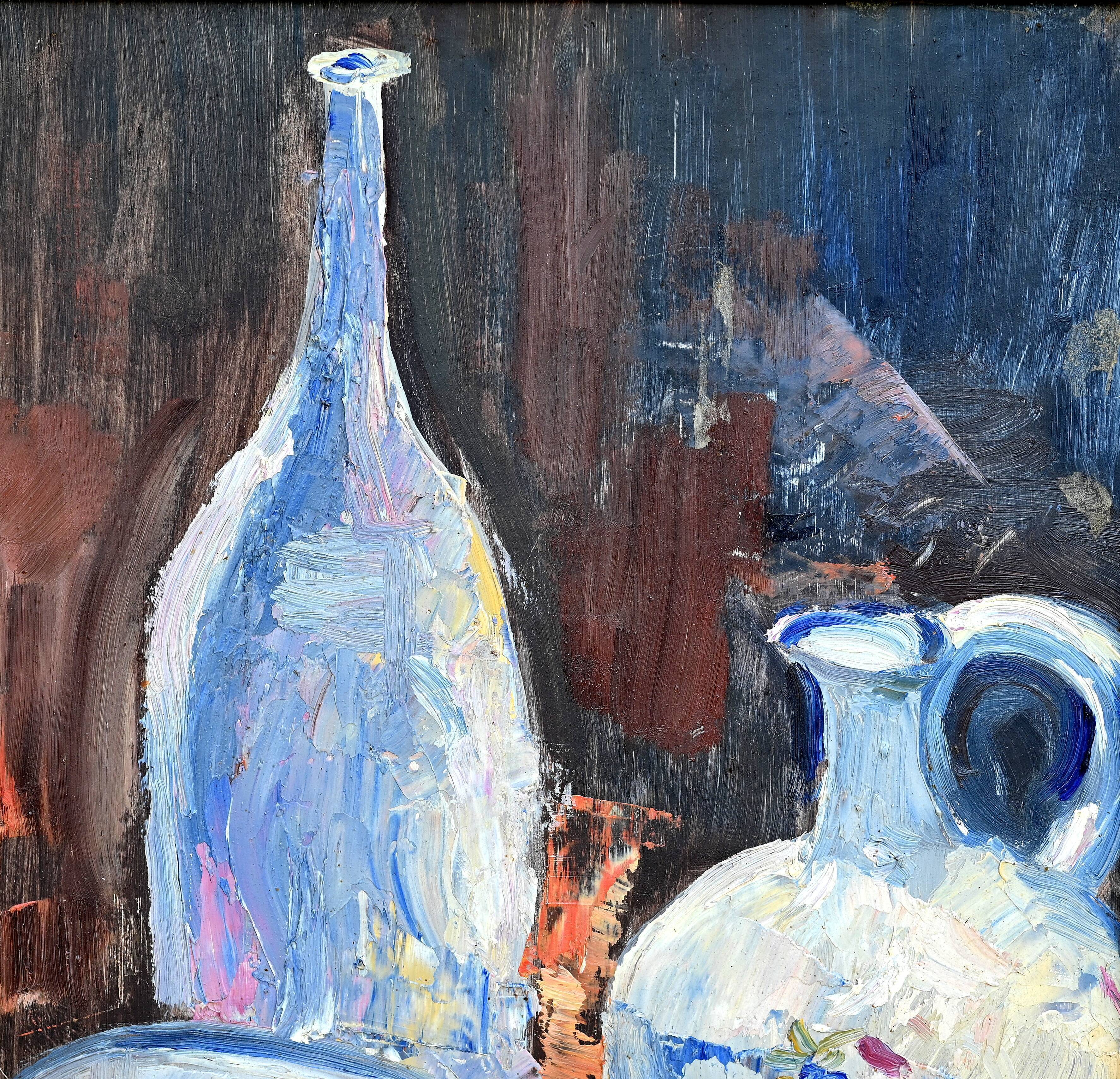 Still life painting with bowls, decanter and flower pitcher