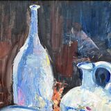Still life painting with bowls, decanter and flower pitcher