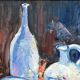 Tableau nature morte aux bol, carafe et pichet fleuri