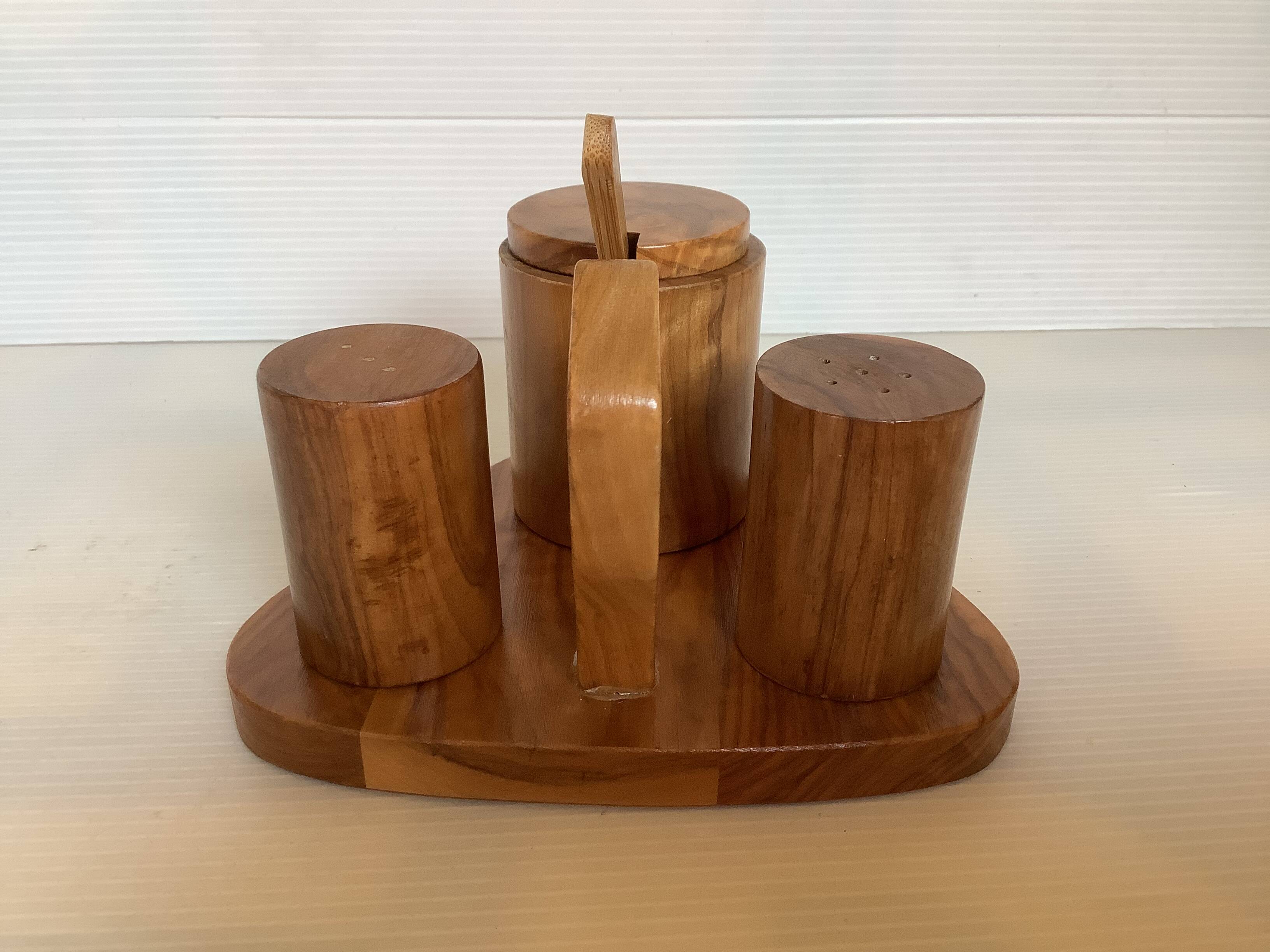 Olive wood mustard salt and pepper server