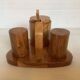 Olive wood salt and pepper server with mustard pot.