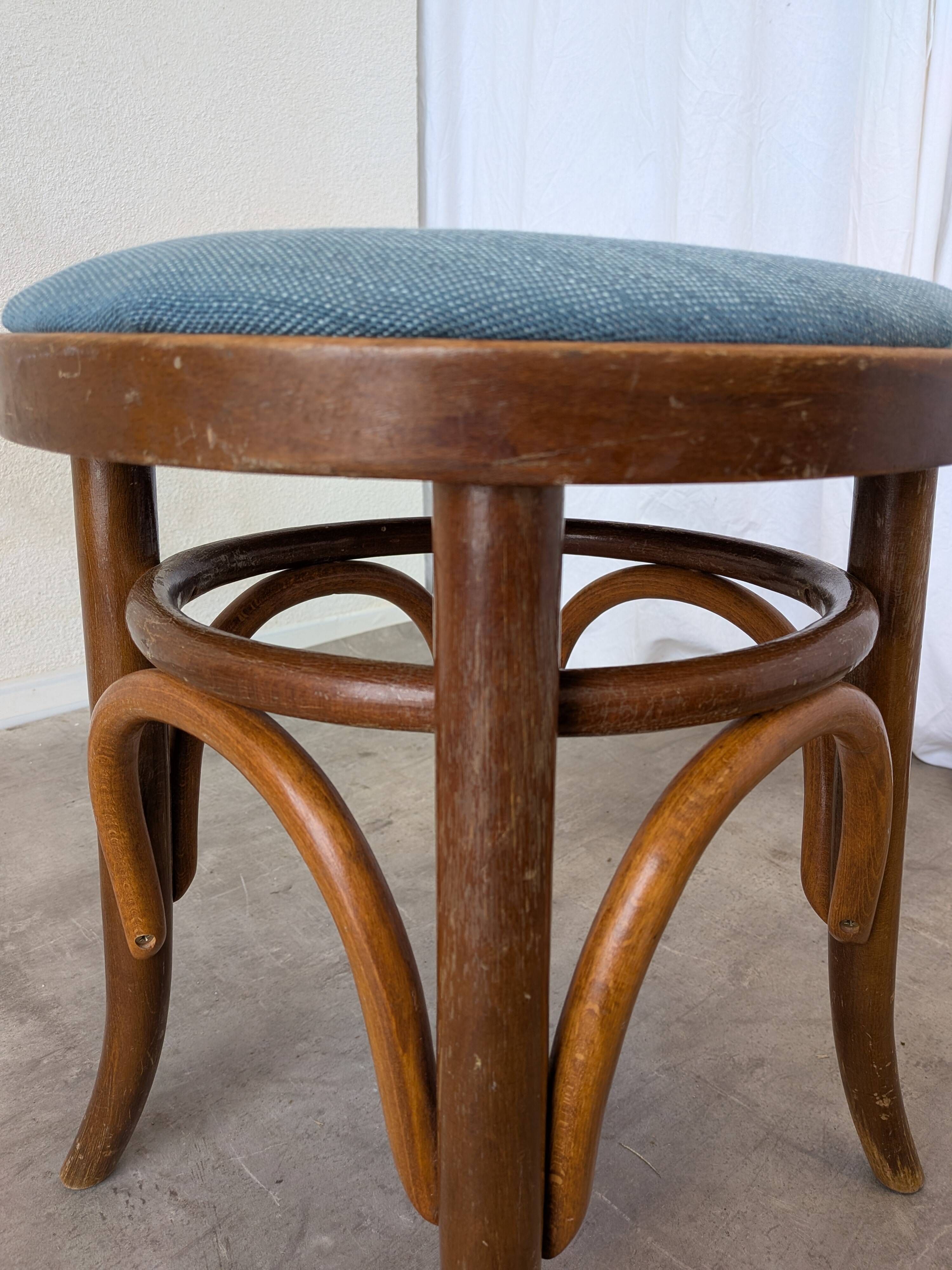 Pair of Vintage Bentwood Stools / Thonet Style / Upholstered Seat in Blue