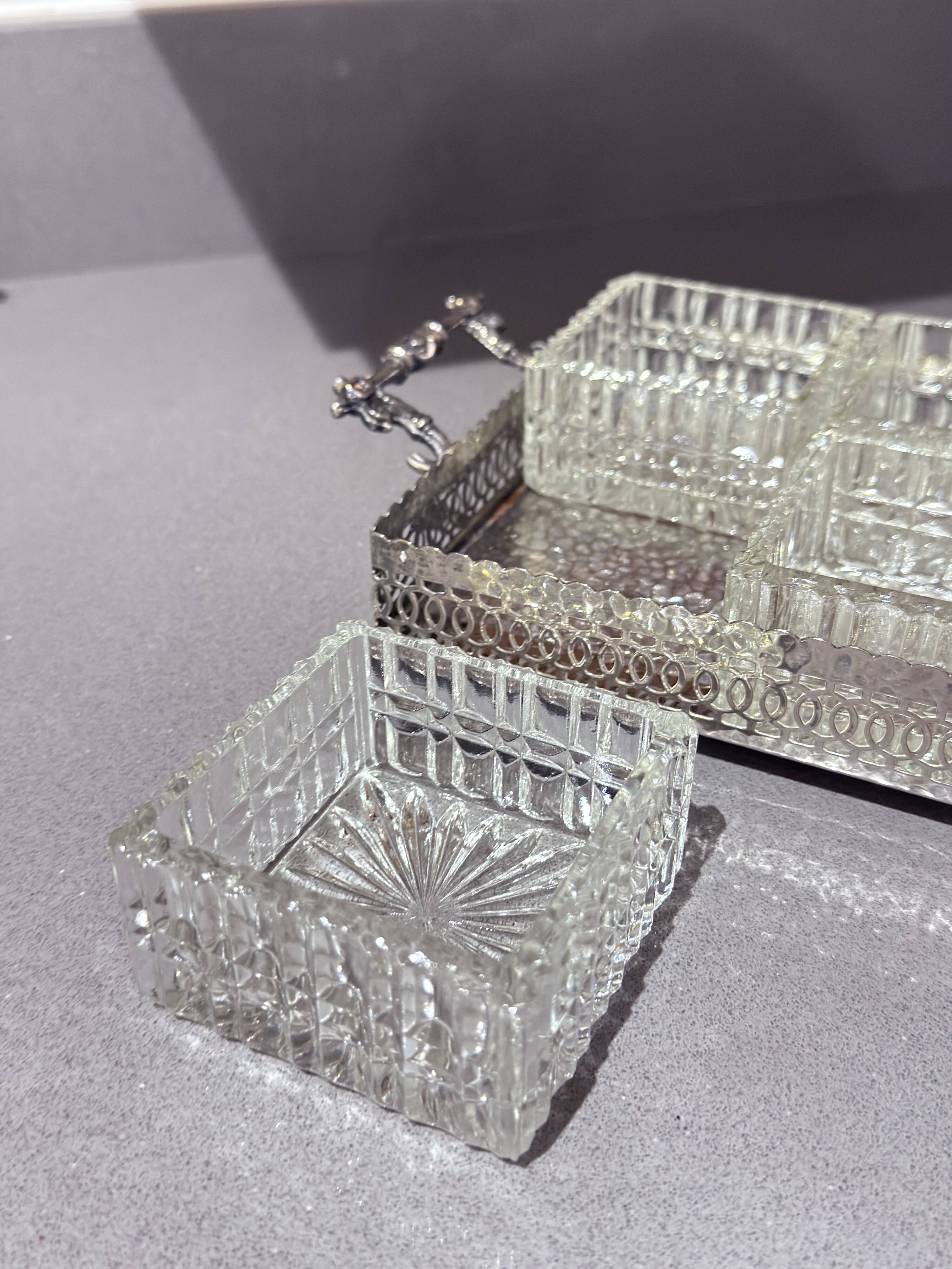 Silver-Plated Tray with Six Cut Glass Dishes, Vintage Entertaining Set