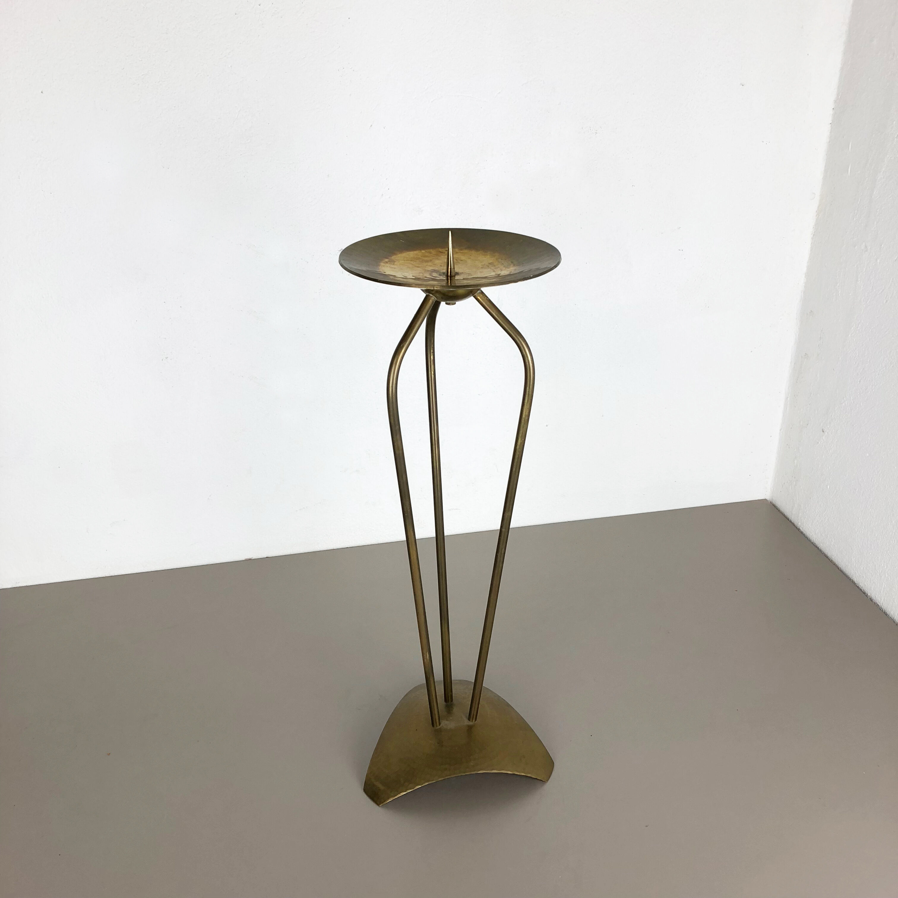 Modernist sculptural brutalist floor brass candleholder, Germany, 1950s