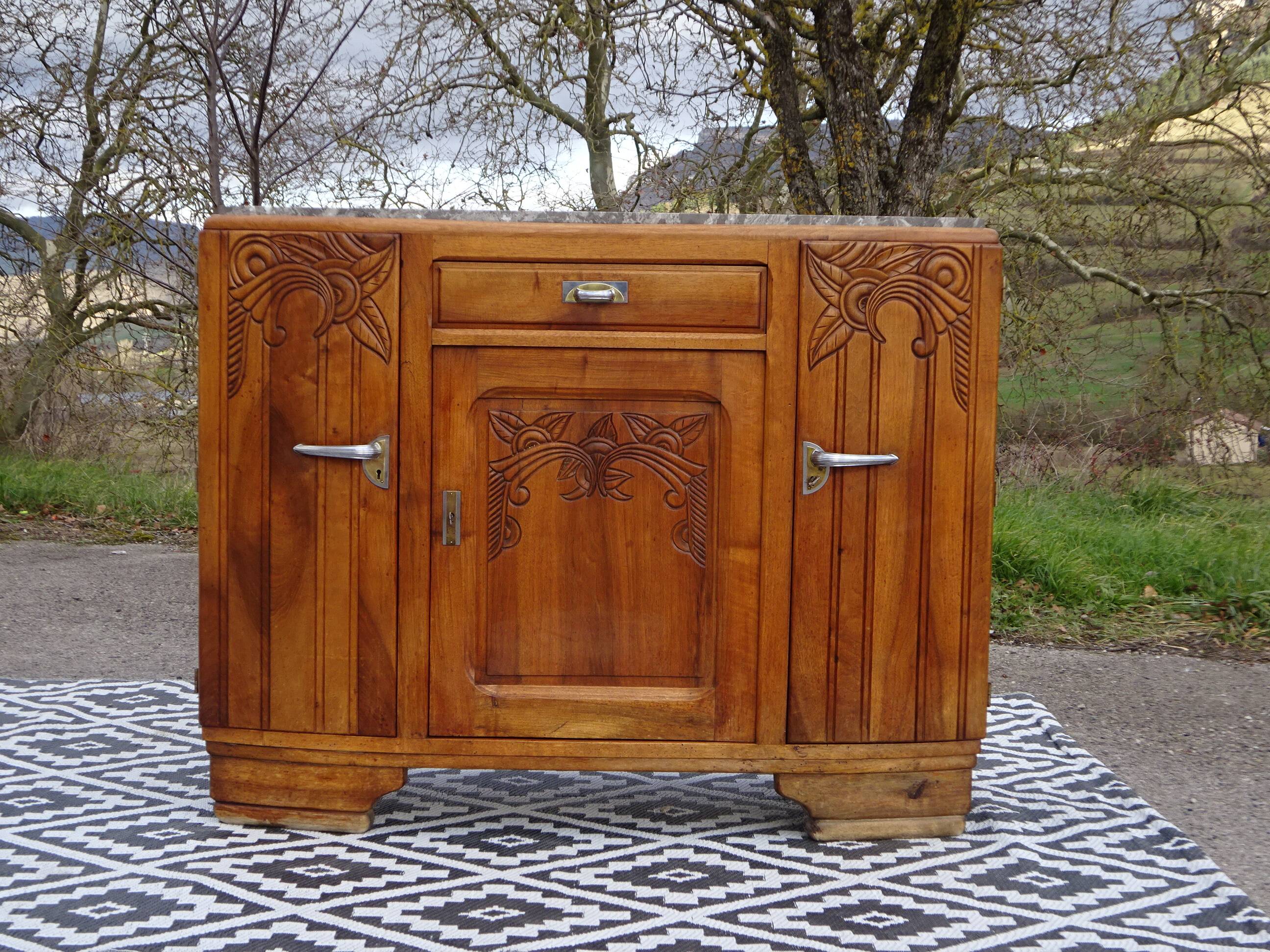 Narrow sideboard, art deco in light walnut, gray marble top