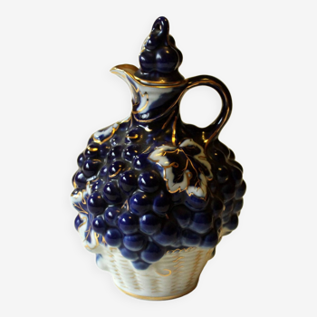 Carafe en porcelaine à décor de vin, or blanc bleu cobalt, vintage, marquée