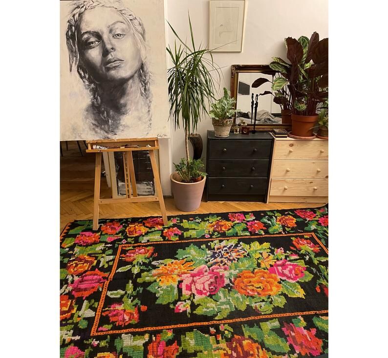 Floral handwoven carpet, colors on a black background - 262x160cm