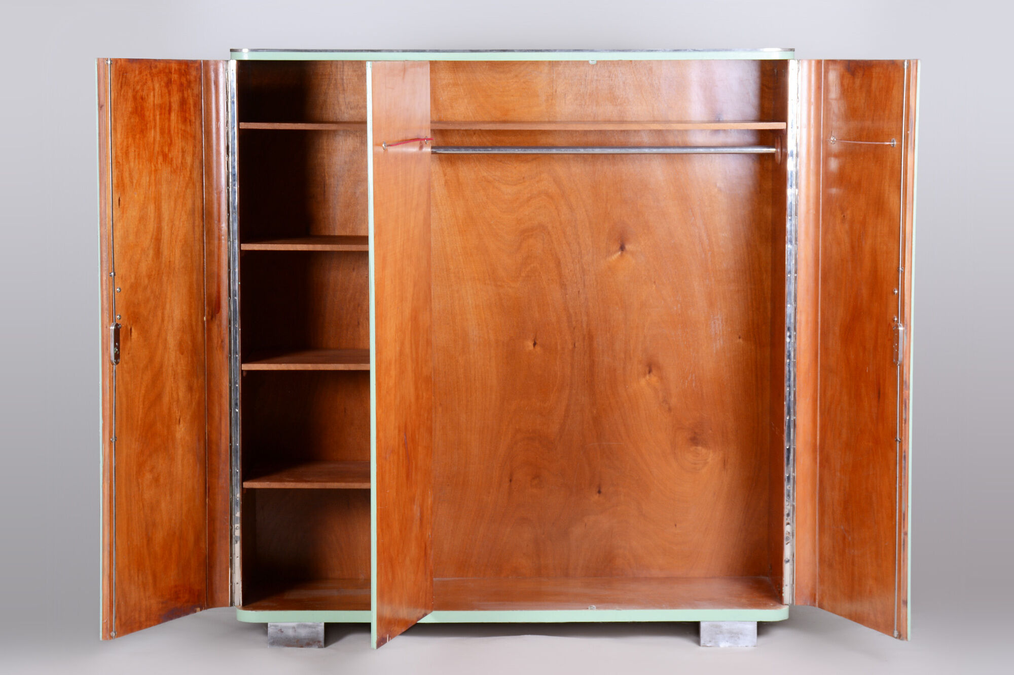 Turquoise Bauhaus three door wardrobe made in 1930s Czechia by Vichr a spol.