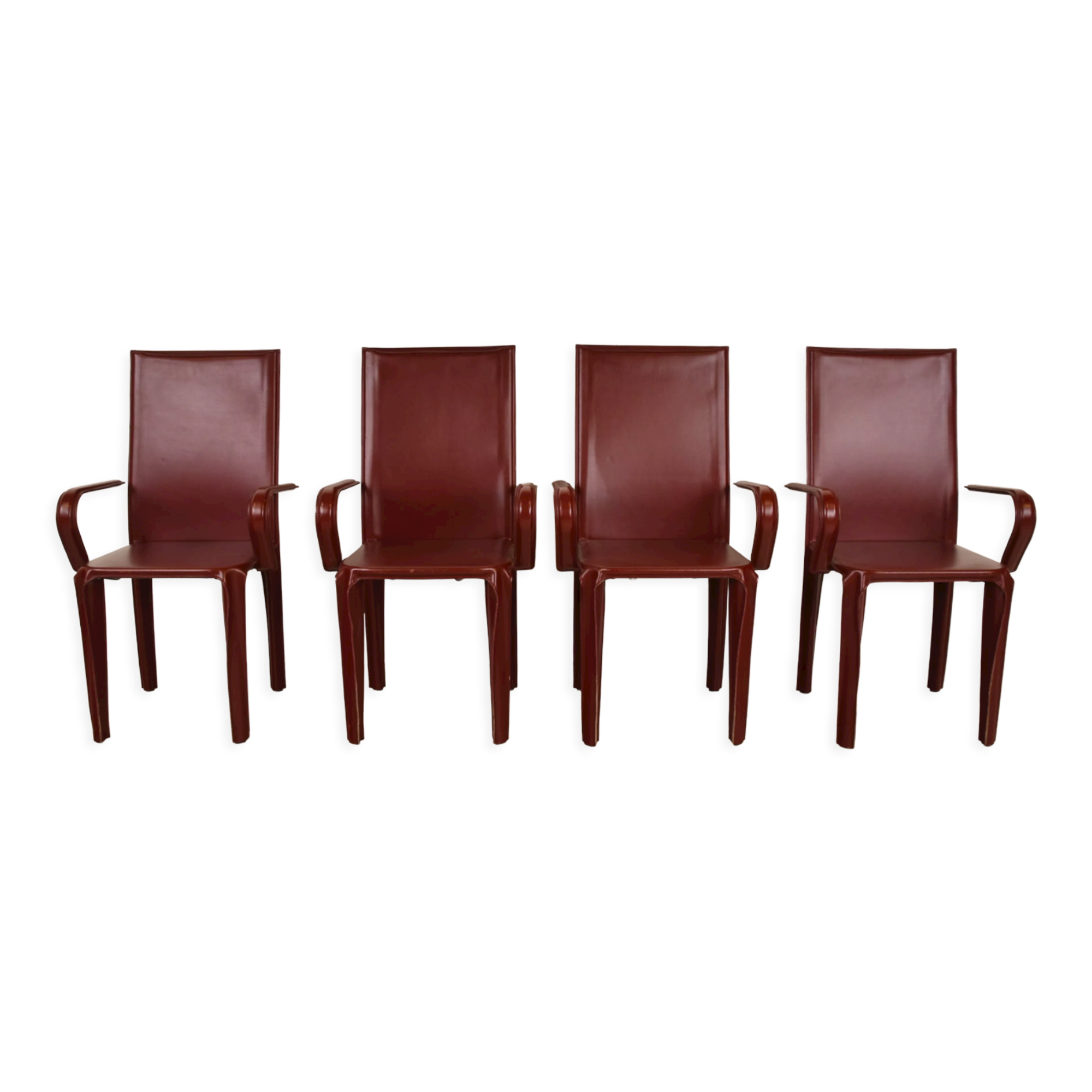 4 red leather dining chairs by Arper italy, 1980s