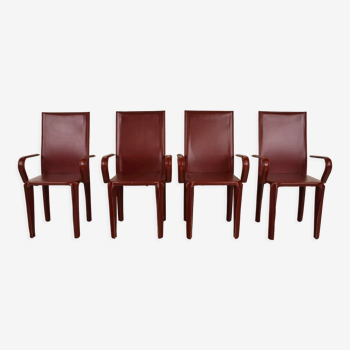 4 chaises de salle à manger en cuir rouge par Arper italie, années 1980