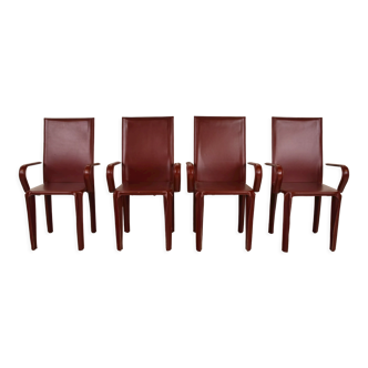 4 red leather dining chairs by Arper italy, 1980s