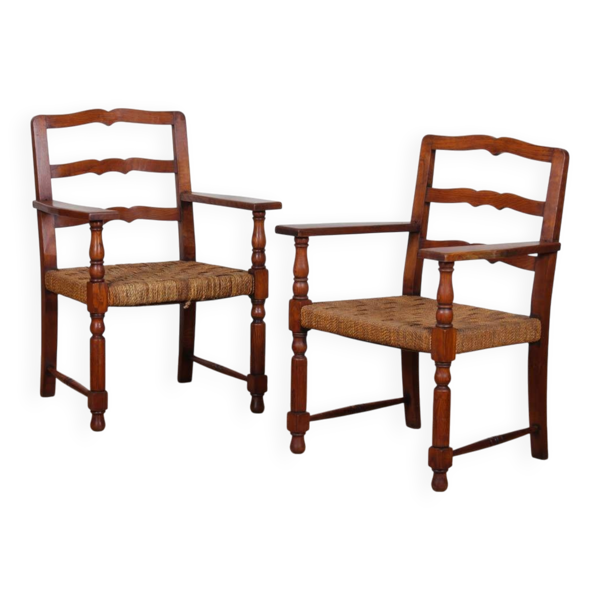 Paire de fauteuils en chêne et corde, travail français des années 1940