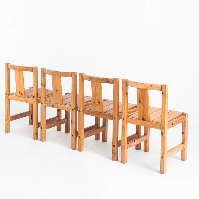 Set of four Scandinavian style chairs + bench. Pine wood. Produced by Sotka. Finland 70s