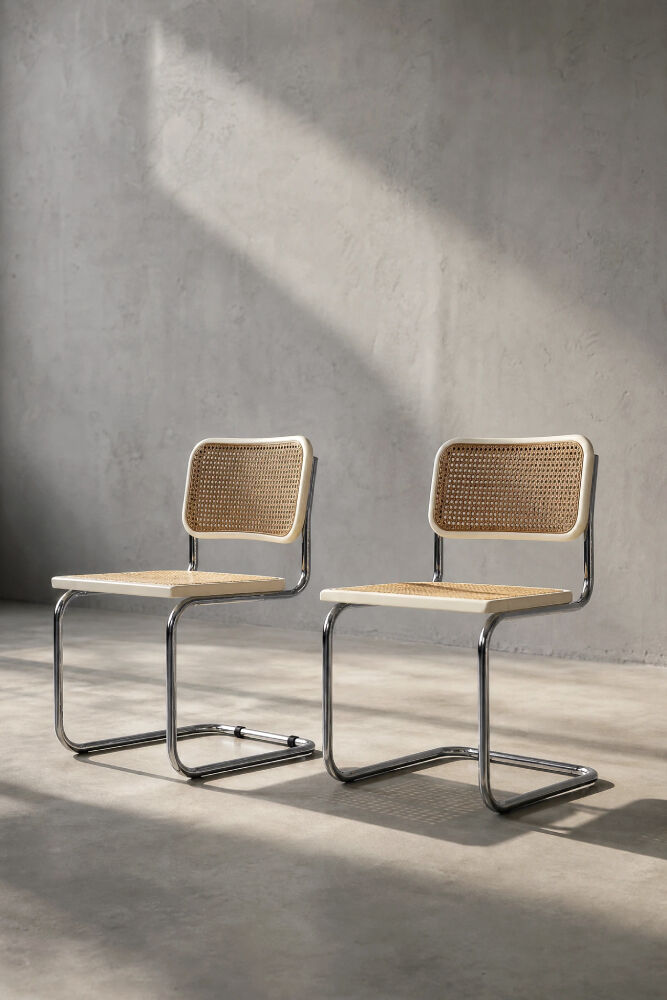 Set of 2 Vintage MidCentury Italian Modern White Wood&French Wicker Chairs