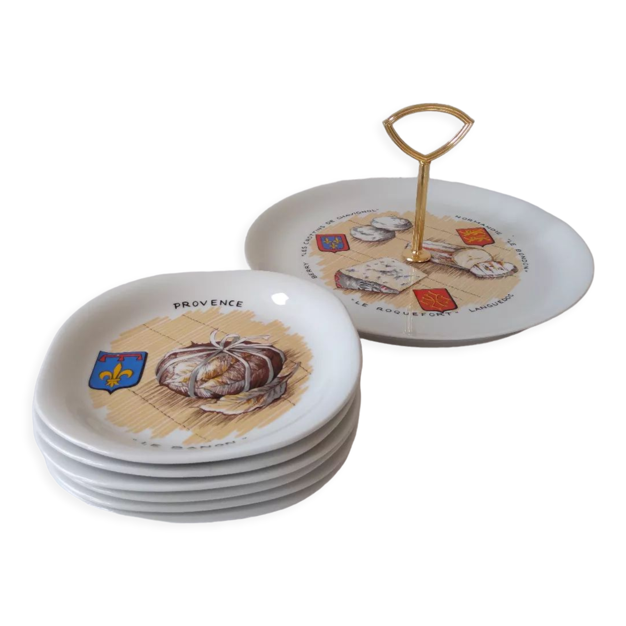 Limoges porcelain cheese service with drawing of regional cheeses and coats of arms 1 tray and 6 plates