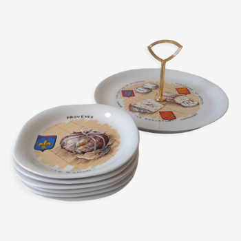 Limoges porcelain cheese service with drawing of regional cheeses and coats of arms 1 tray and 6 plates