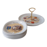 Limoges porcelain cheese service with drawing of regional cheeses and coats of arms 1 tray and 6 plates