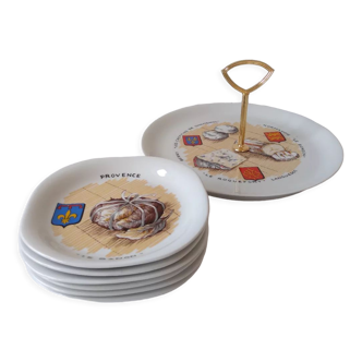 Limoges porcelain cheese service with drawing of regional cheeses and coats of arms 1 tray and 6 plates
