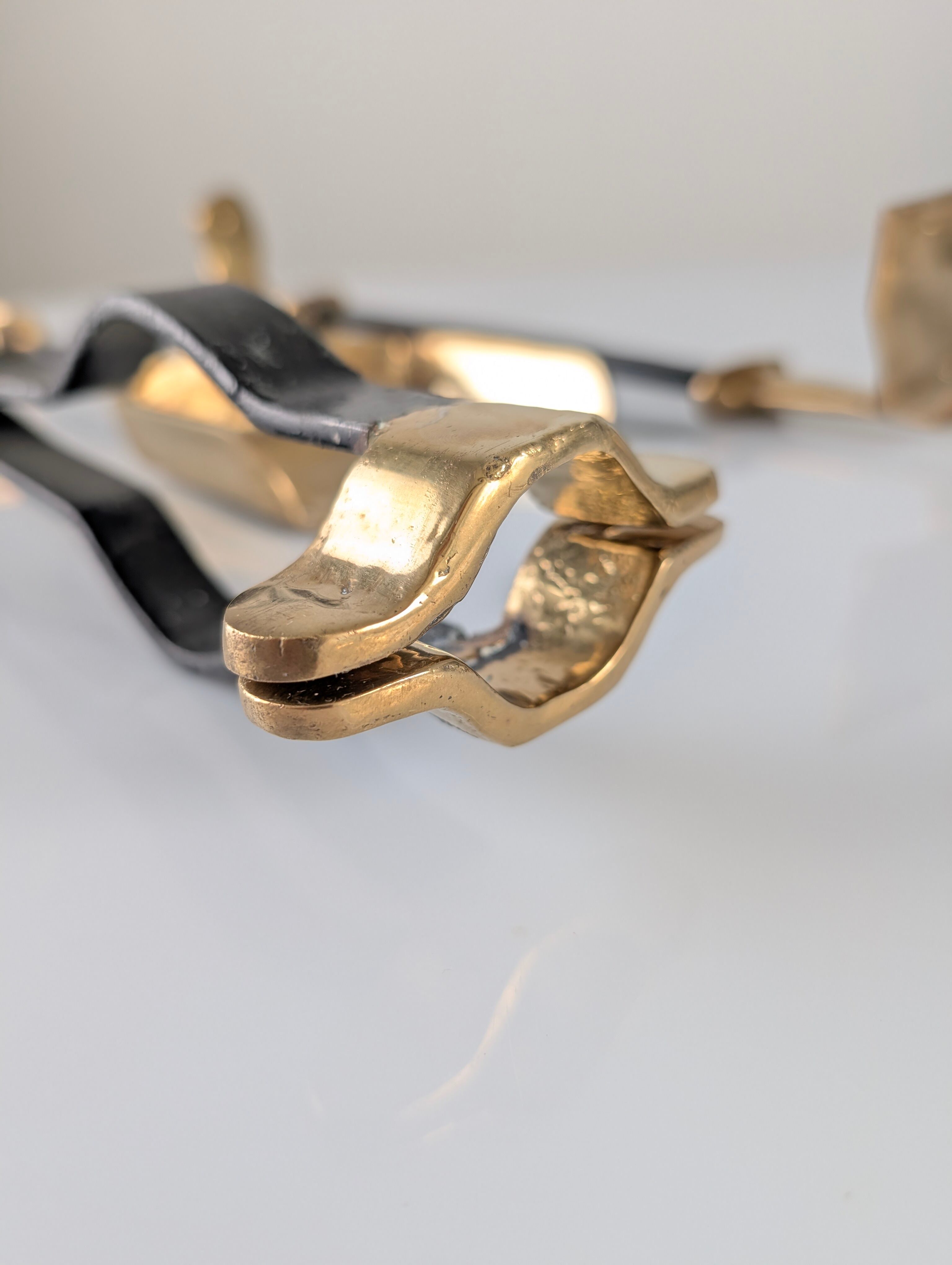 Brutalist iron and brass fireplace set by David Marshall, 1970s