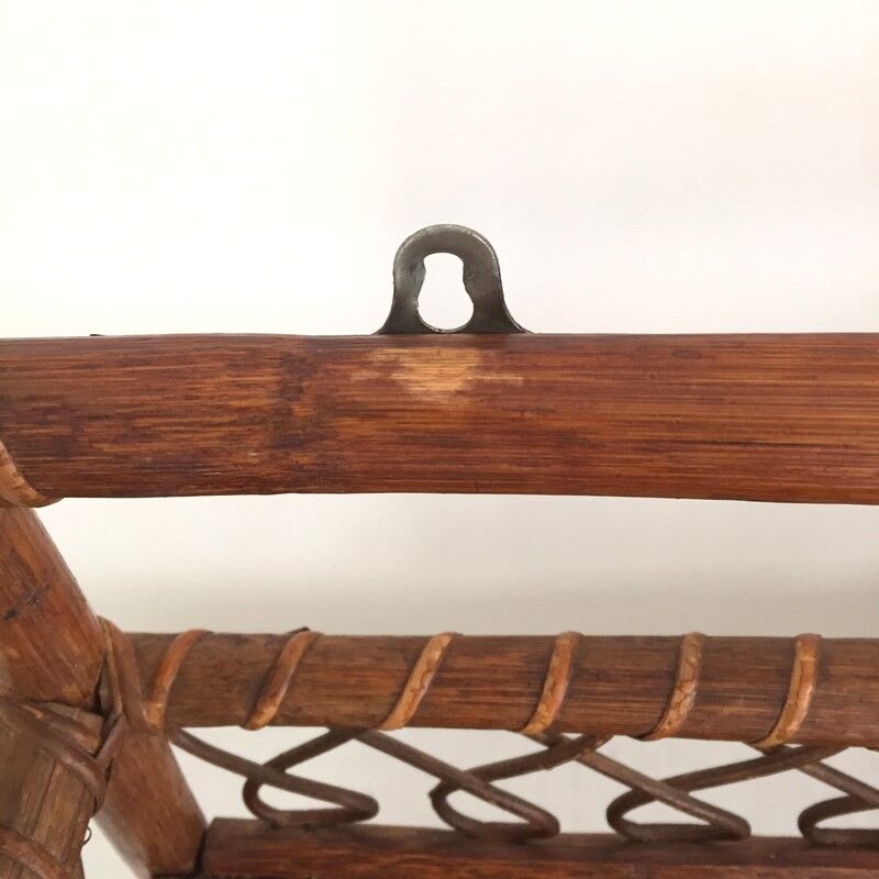 Wall shelf in wood, cannage and rattan from the 60s