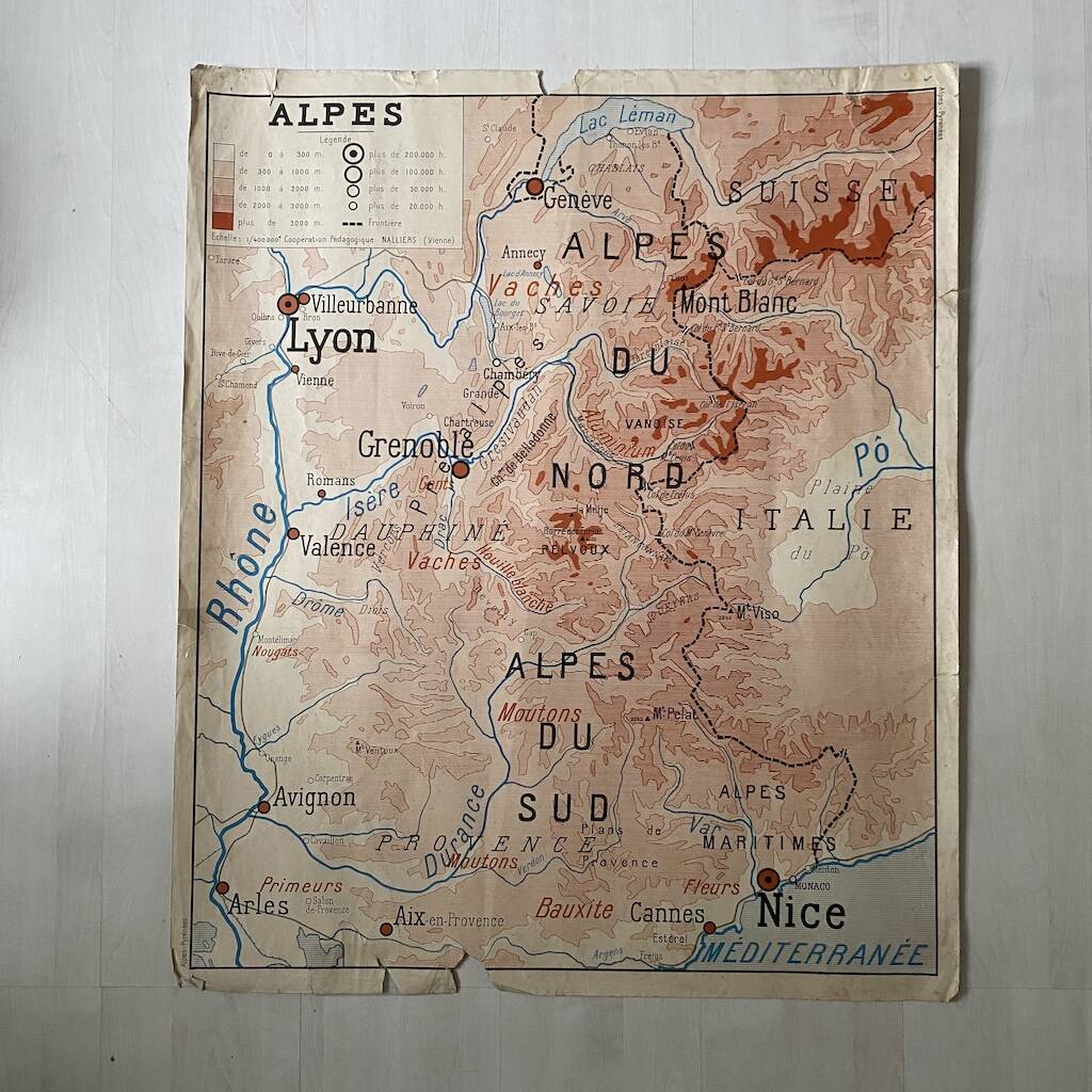 Vintage school map 1950 double-sided "The Alps / The Pyrenees"