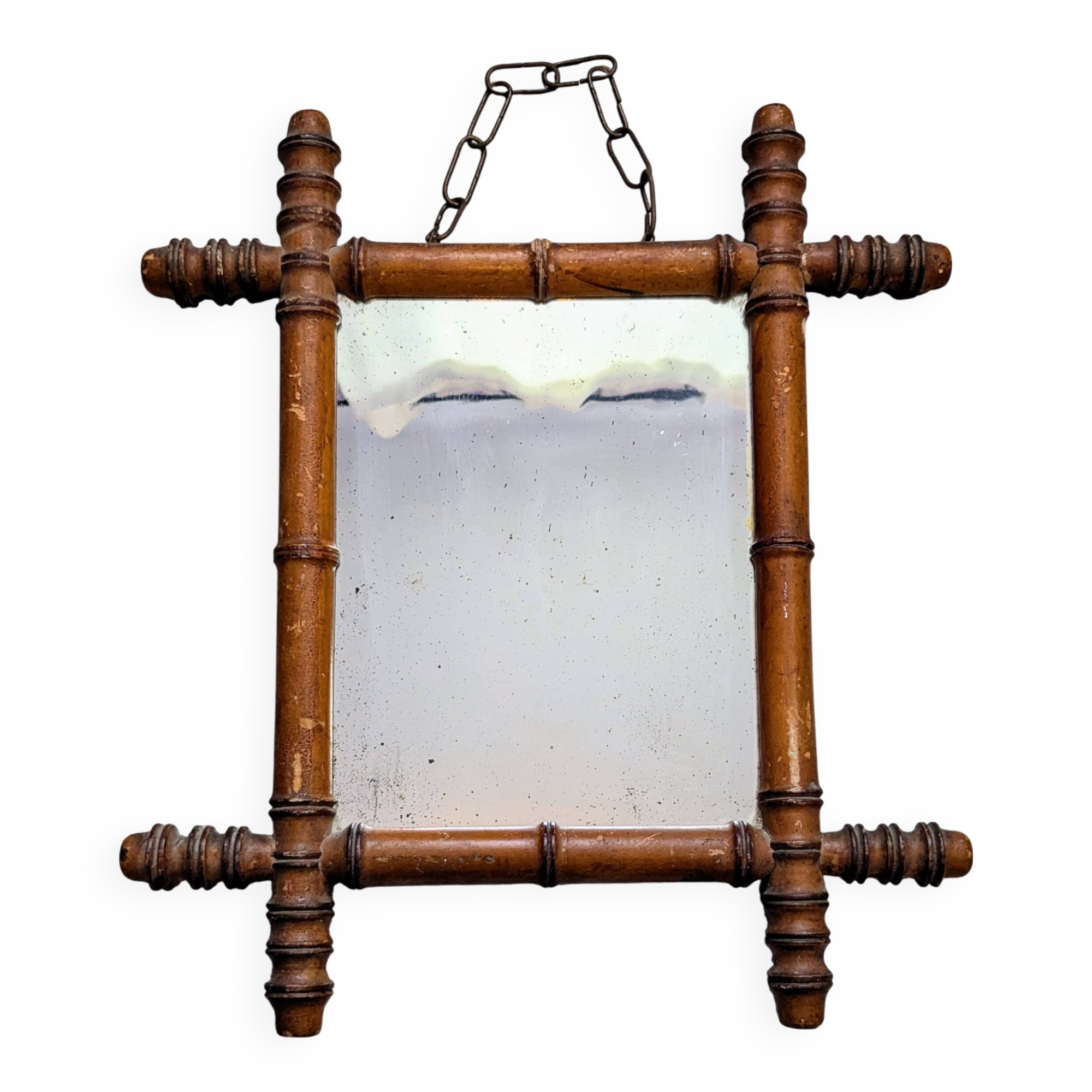 Antique turned bamboo mirror with pitted glass 45x39 cm