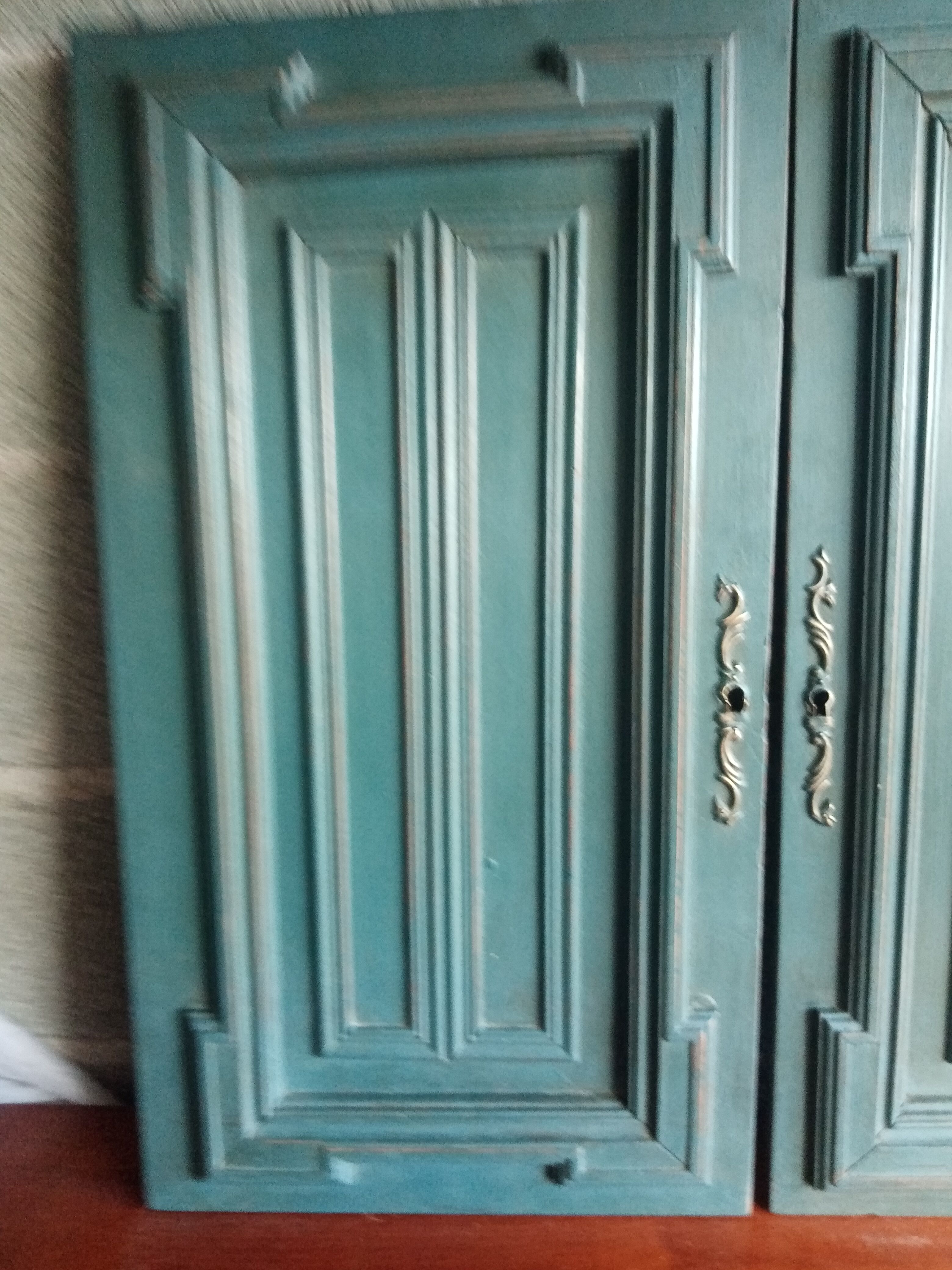 Pair Old Patinated Door Blue Aubusson Wooden Door Deco