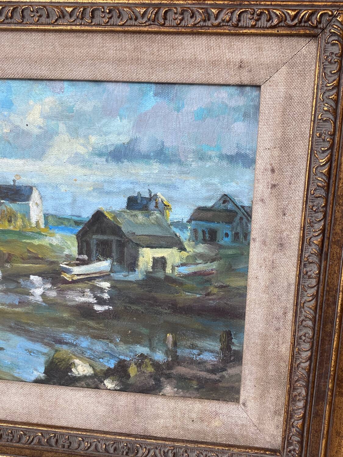 Oil on canvas, seaport scene