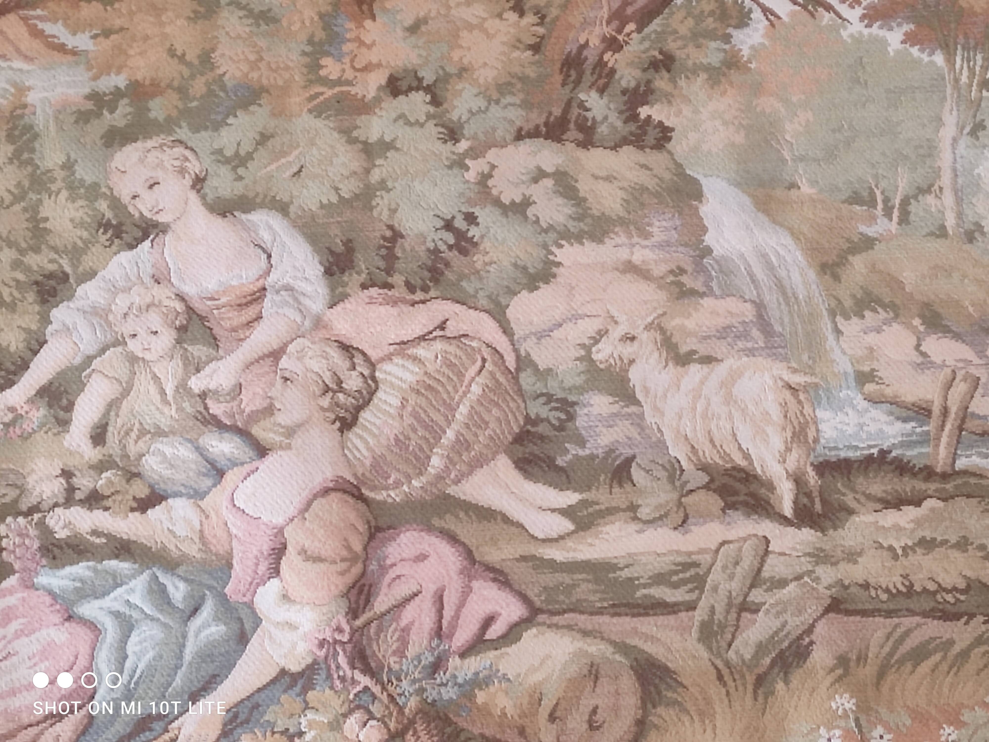 Wall tapestry type Gobelins middle 20th country decoration polychrome shepherds, shepherdesses and sheep