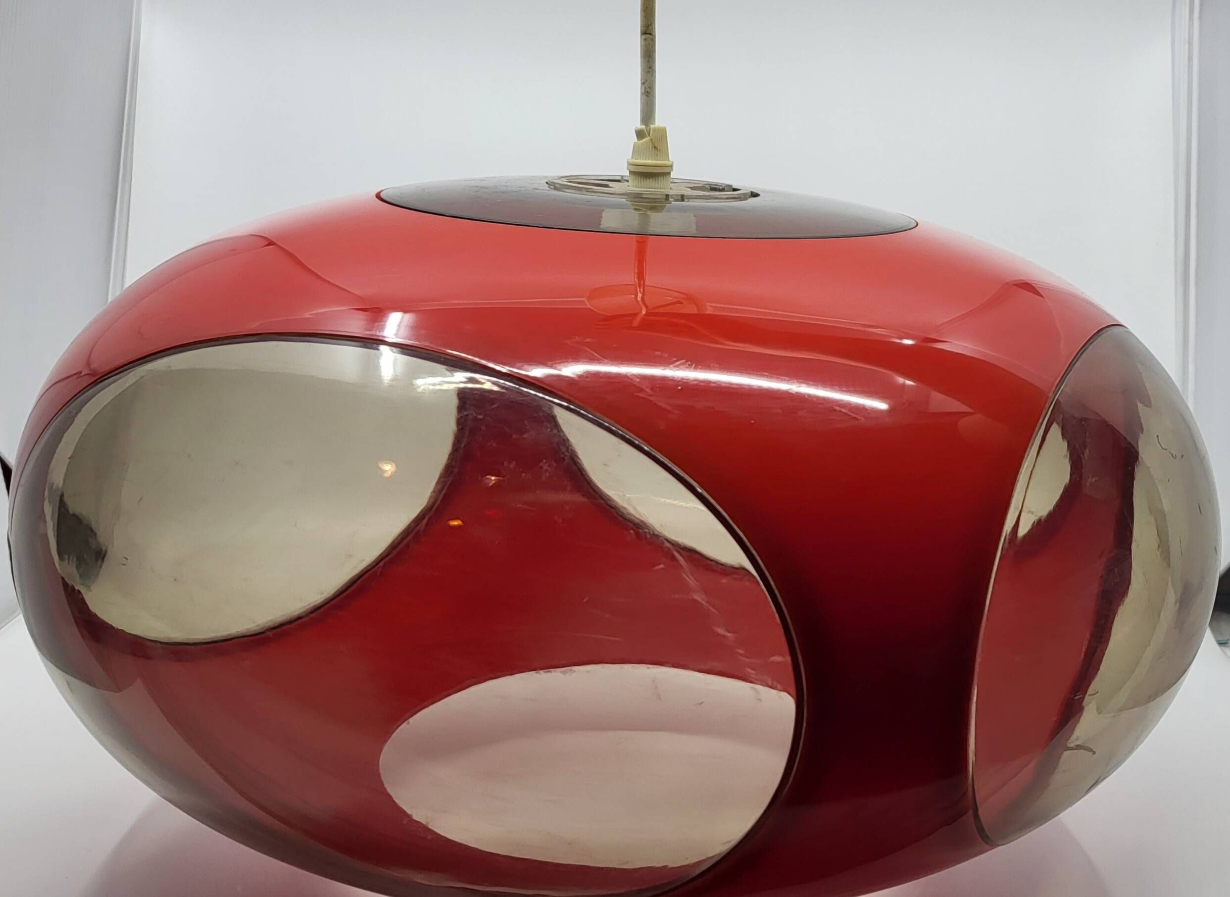 Massive Belgium red plexiglass UFO Space Age pendant light, 1970