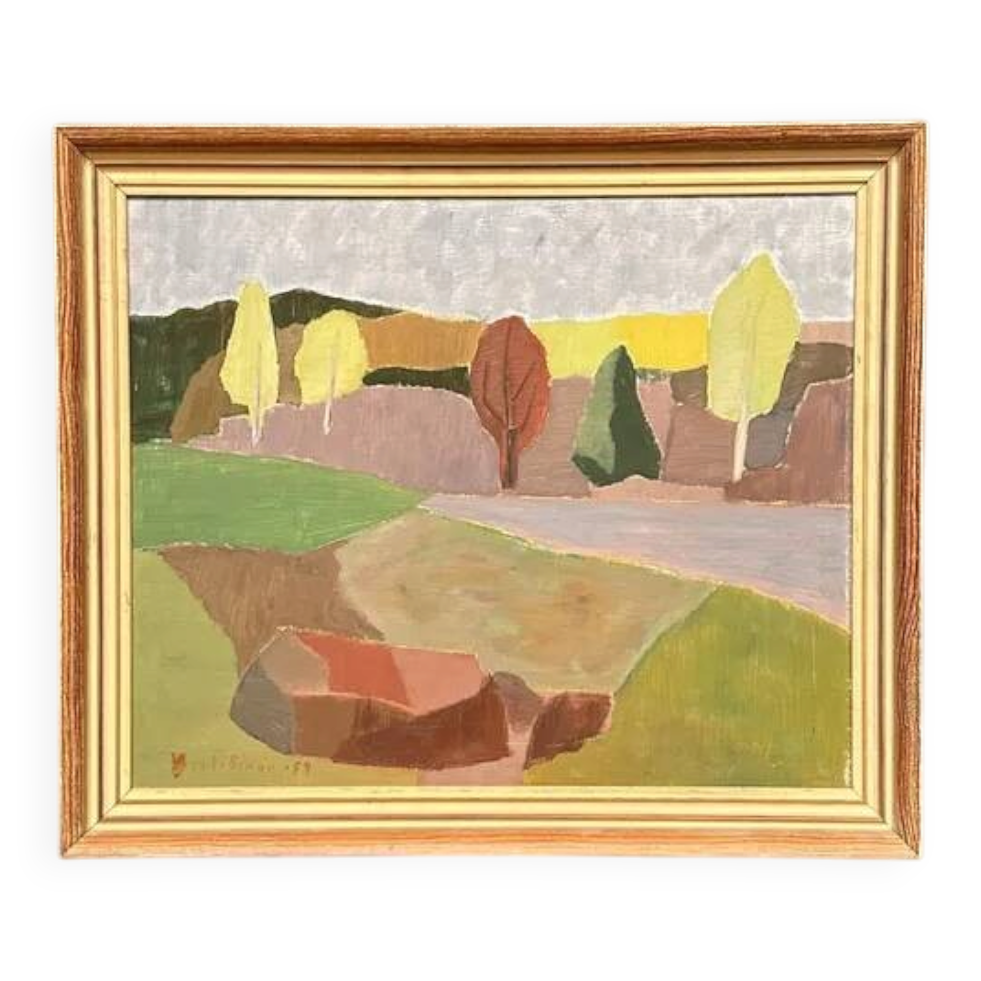 Original Swedish Oil on Panel – “Trees and Fields” by Carl‑Einar Andersson (1925–1975) – 1959 – Vintage & Framed – 53 × 44.5cm (20.9"×17.5")