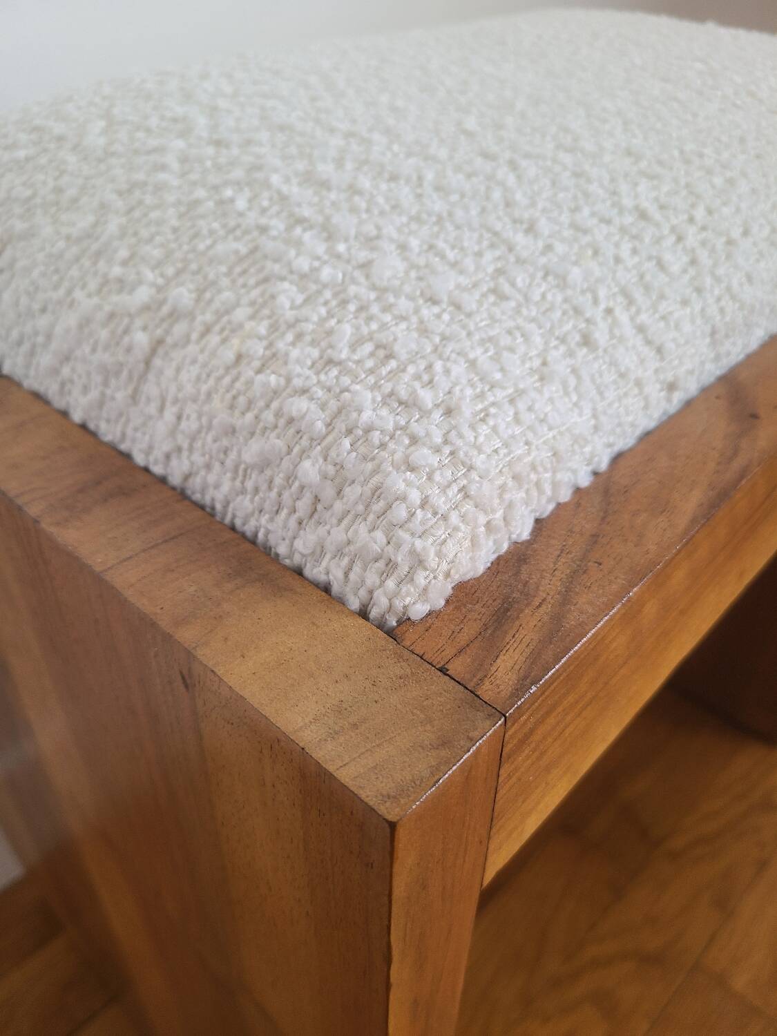 Antique Art Deco piano bench stool rosewood white bouclette fabric