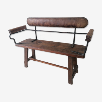 Antique bench in metal wood and leather