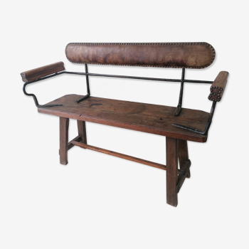 Banc ancien en métal bois et cuir