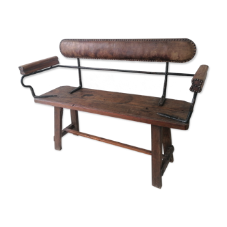 Antique bench in metal wood and leather