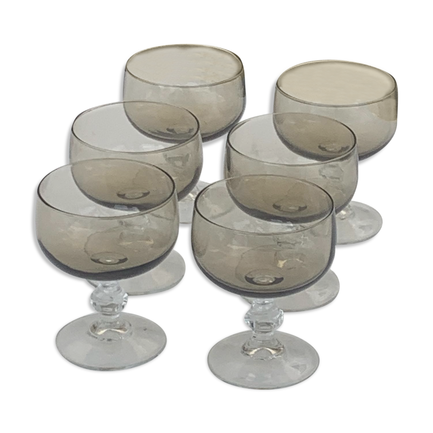 6 champagne glasses in brown and transparent glass vintage 1970