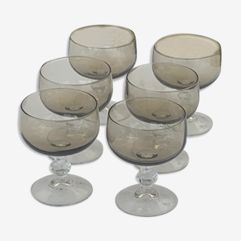 6 coupes à champagne en verre brun et transparent vintage 1970