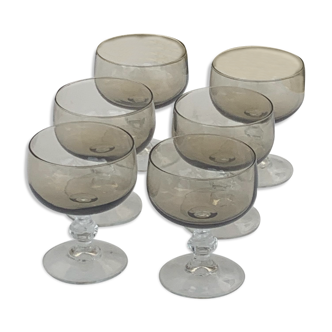 6 champagne glasses in brown and transparent glass vintage 1970