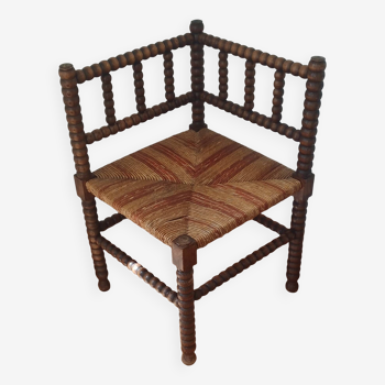 Provincial bobbin wooden corner chair with rush seat, france