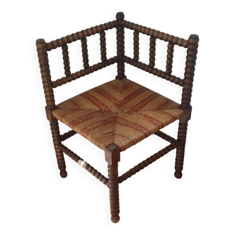 Provincial bobbin wooden corner chair with rush seat, france