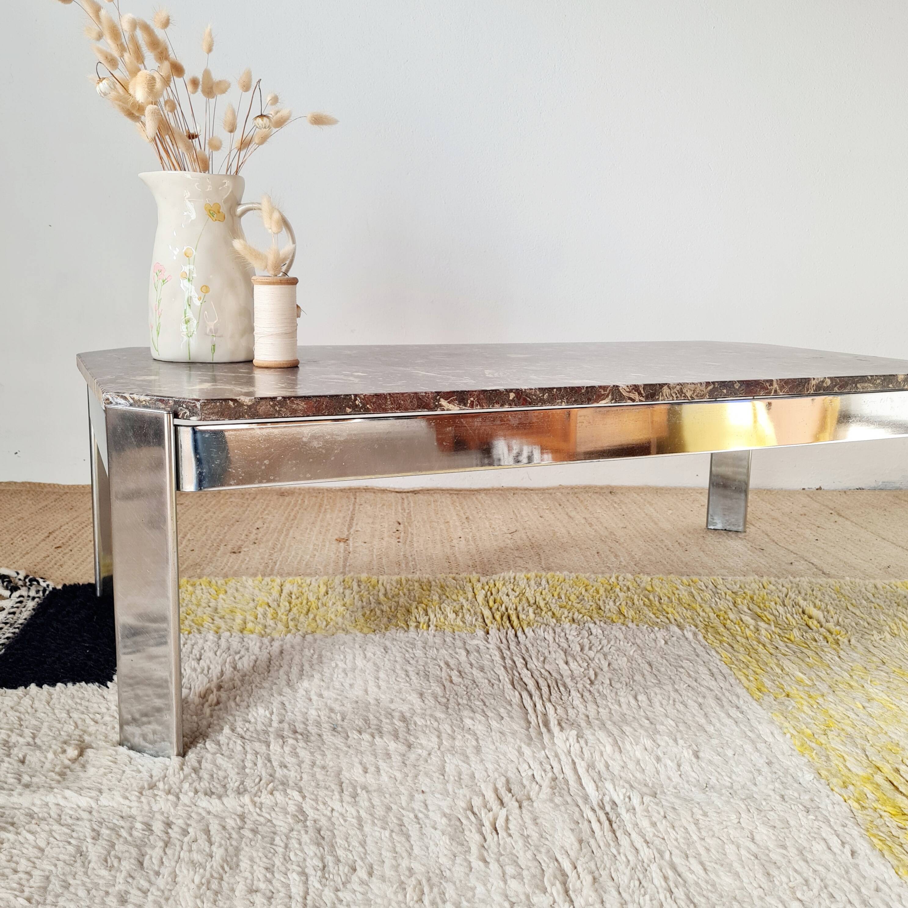 1970s marble and chrome metal coffee table