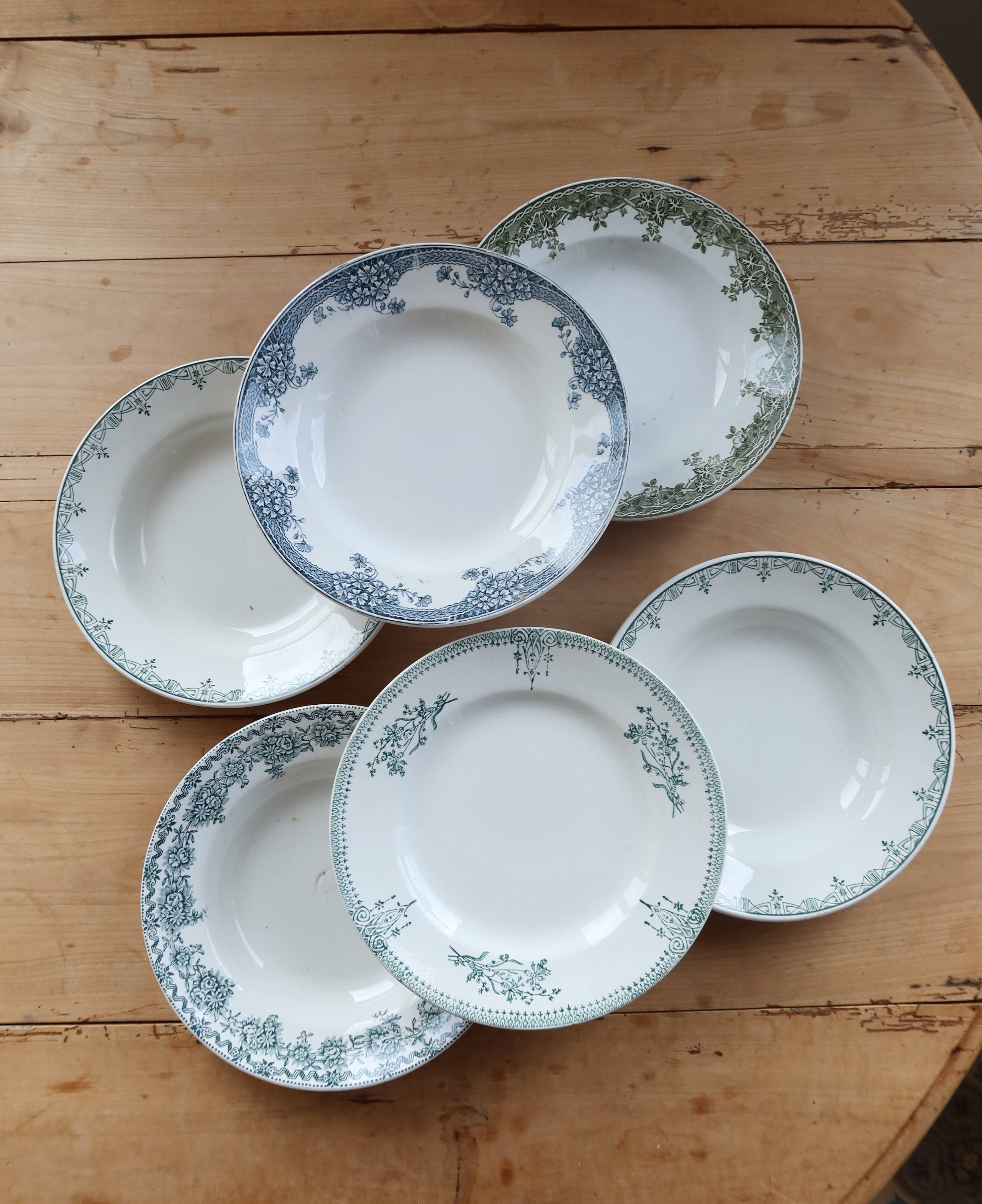 6 vintage ironstone deep plates mismatched - Blue and green tones