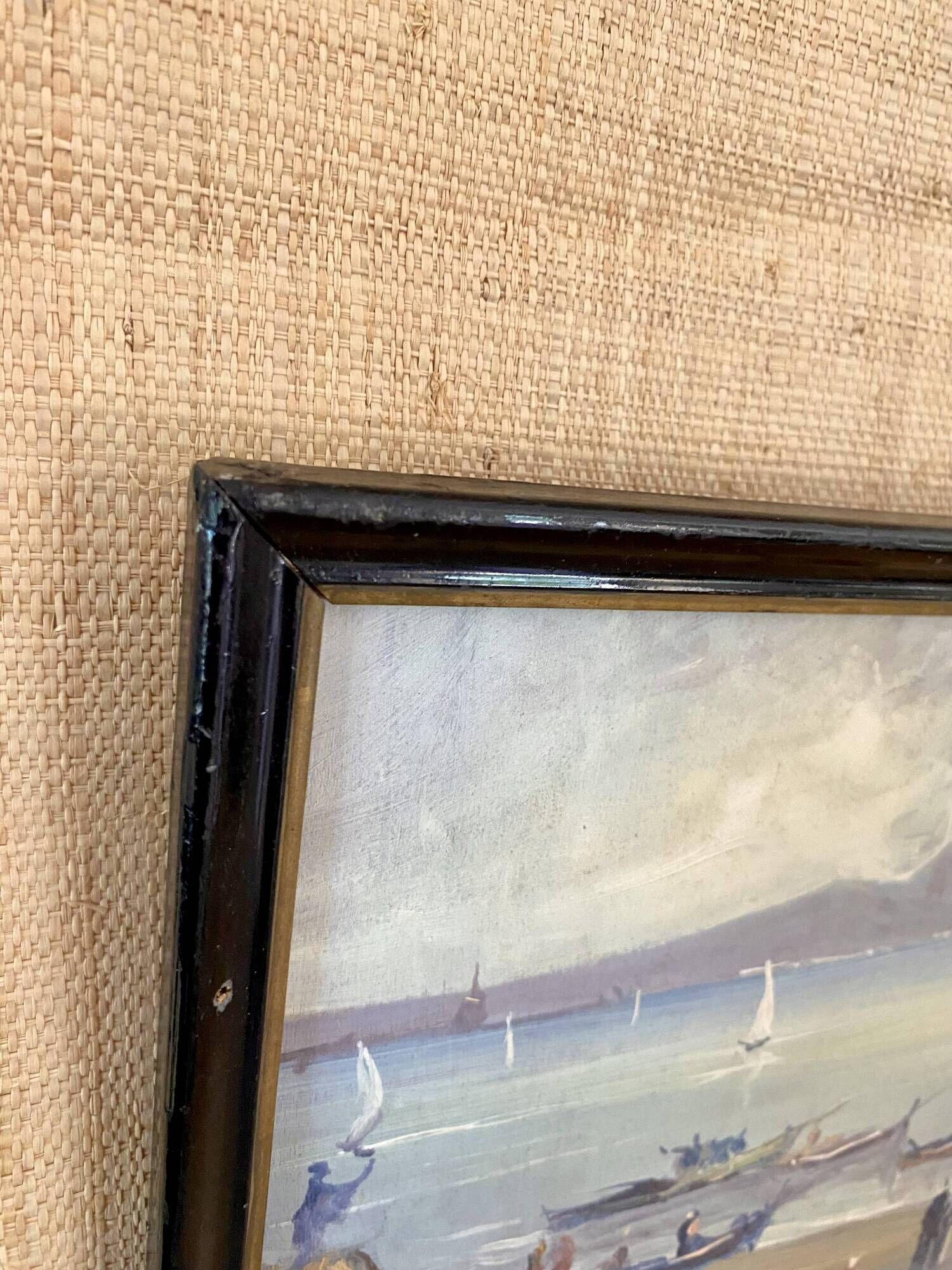 Oil painting "Fishermen of Sicily" 1960, Napoleon III frame