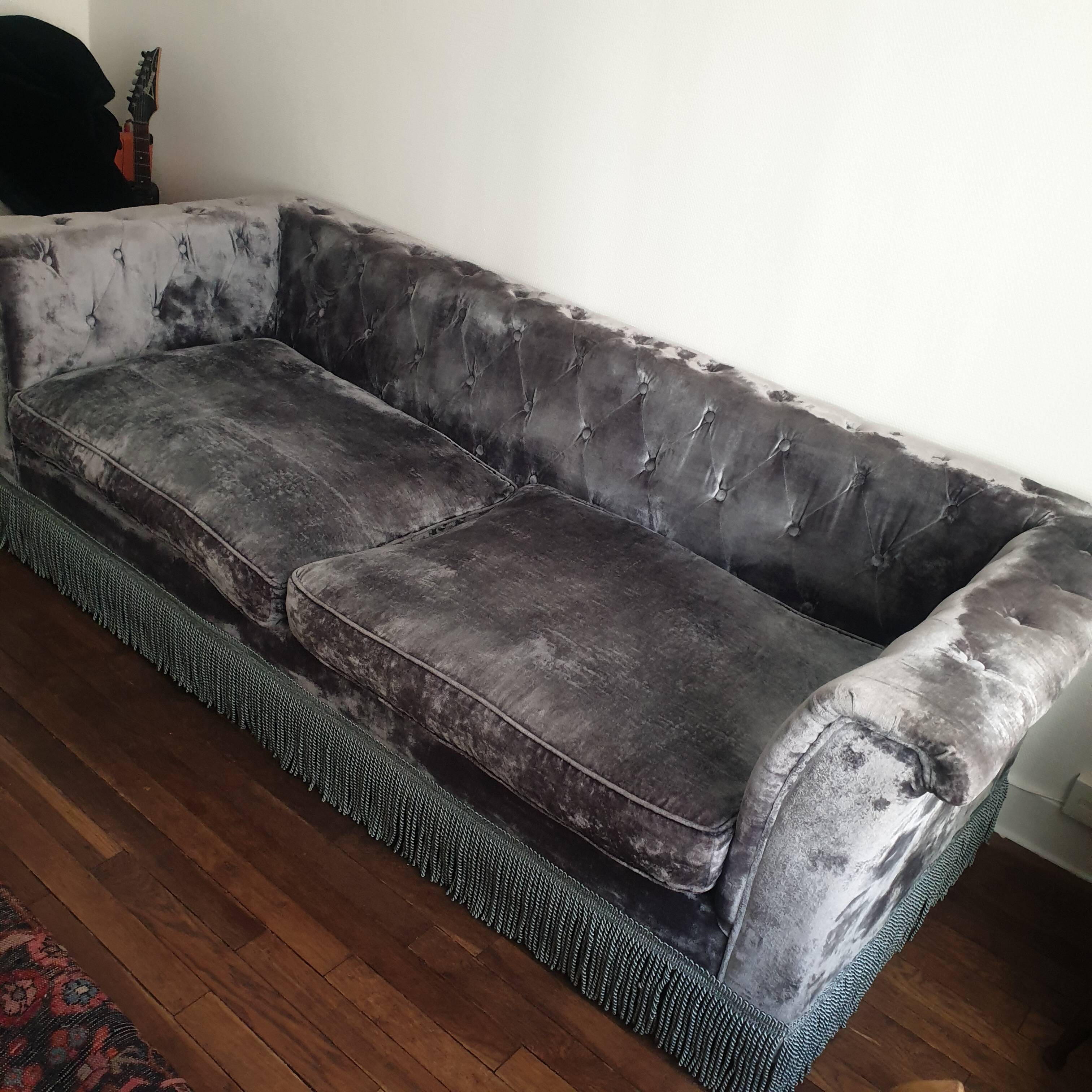 Canapé style Chesterfield vintage bleu gris velours