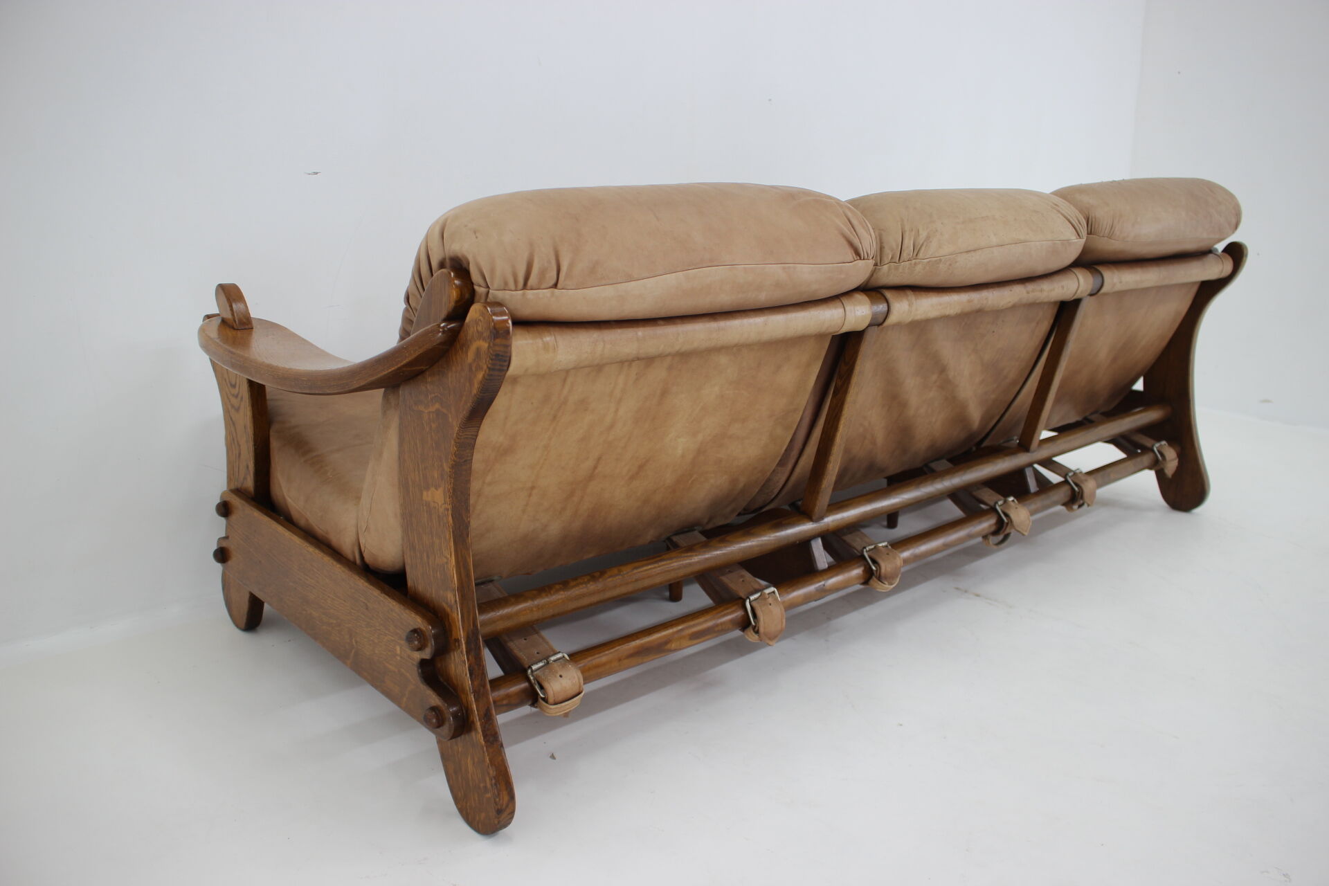 1970s Brutalist Dutch Oak and Leather 3 Seater Sofa