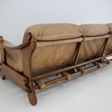 1970s Brutalist Dutch Oak and Leather 3 Seater Sofa