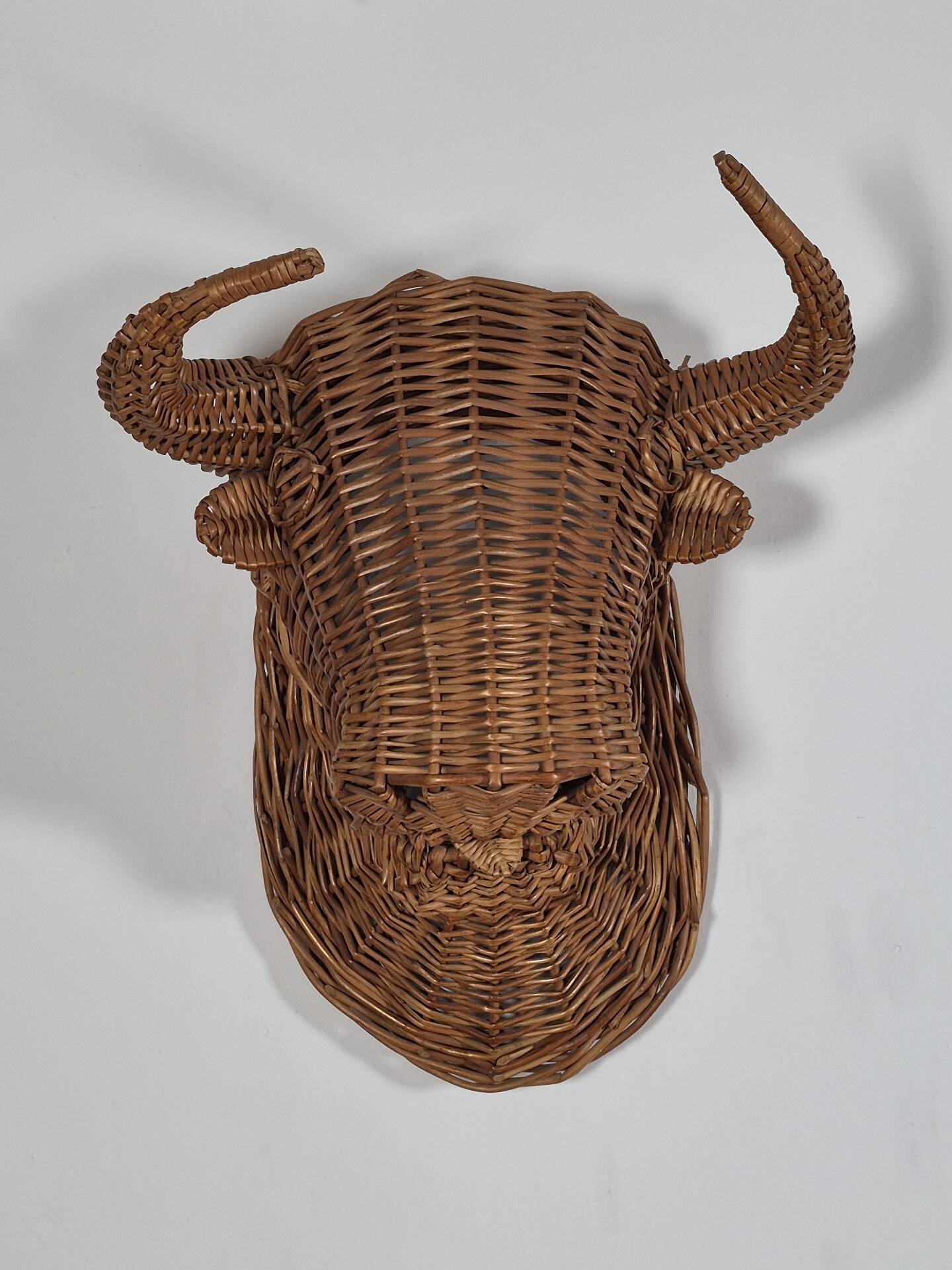 Vintage mid century wicker bull head sculpture