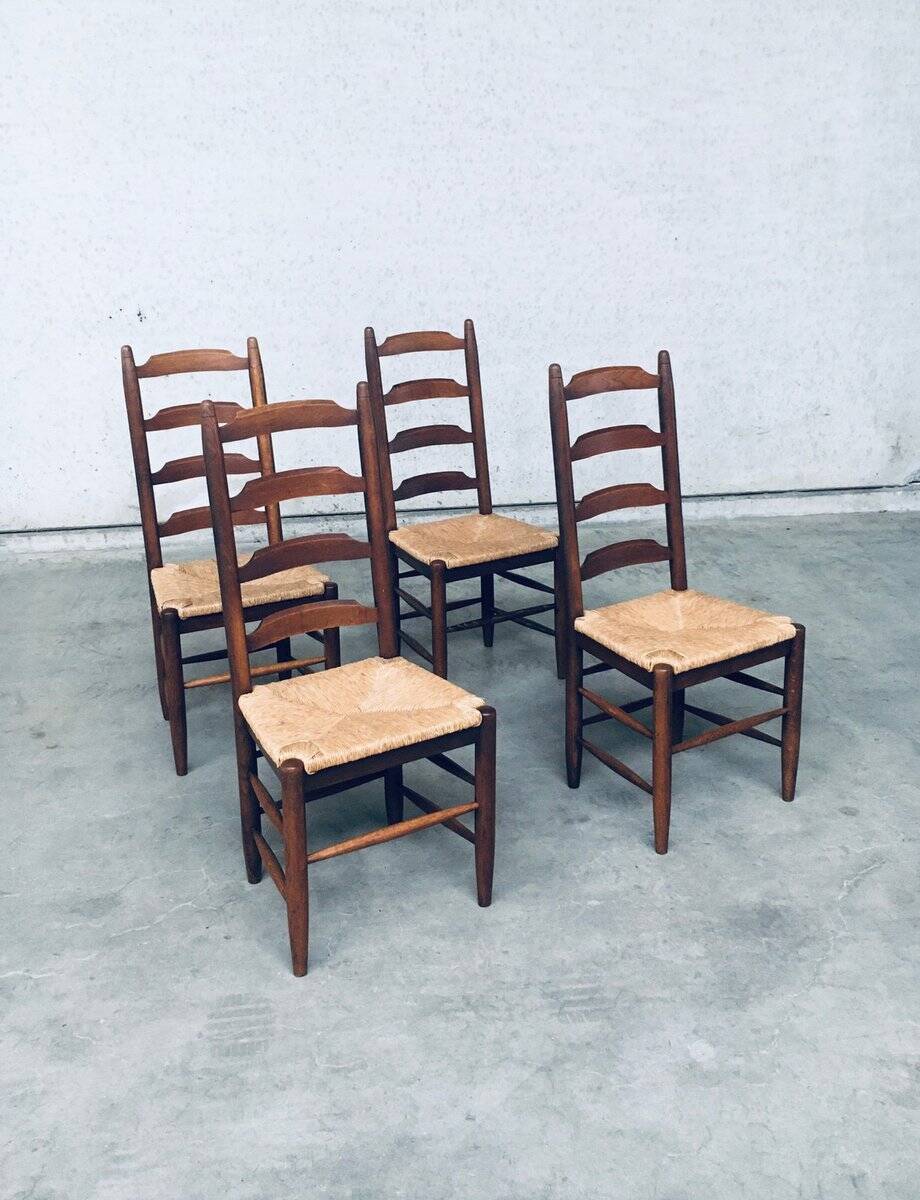 Rustic Ladder Back Oak and Rush Dining Chairs, 1960s, Set of 4